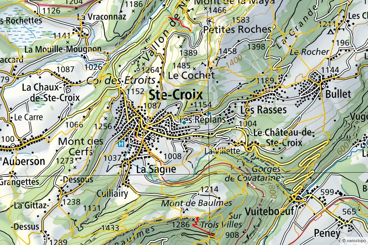 Official swisstopo map of the marked hiking trails around Aiguilles de Baulmes