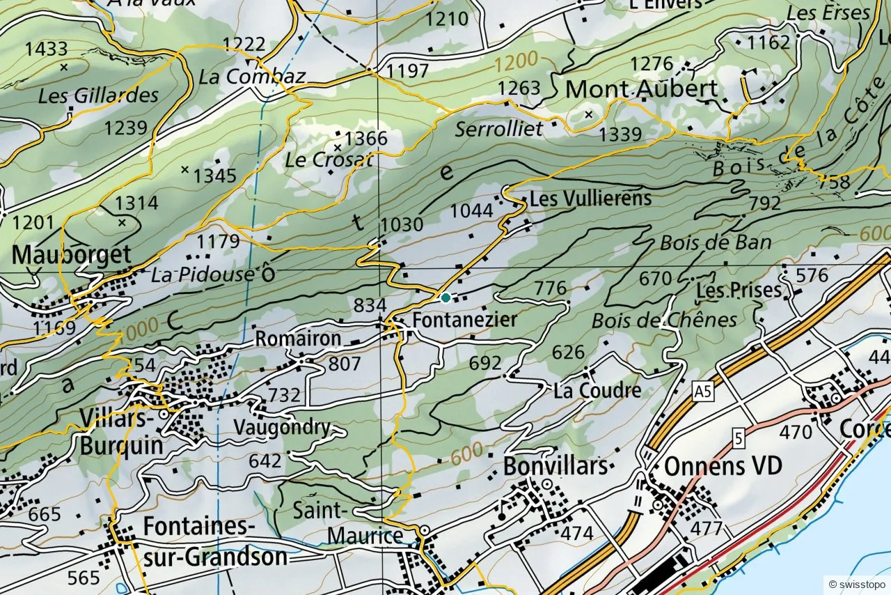 Official swisstopo map of the marked hiking trails around Vineyard Walk in Bonvillars