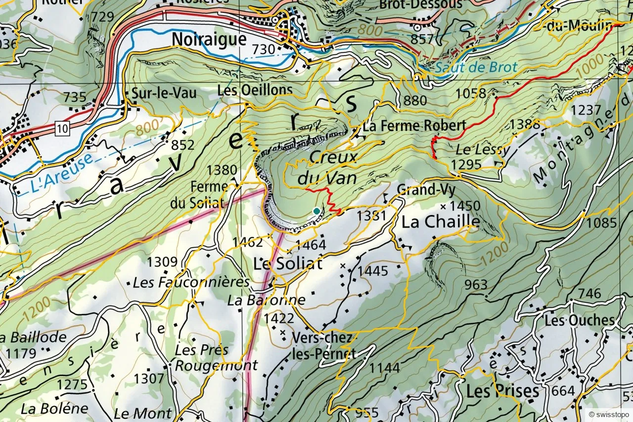 Official swisstopo map of the marked hiking trails around Creux du Van