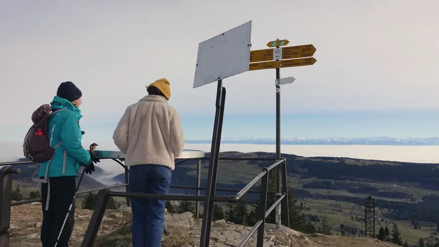 Walkers on the Dent de Vaulion, above the Vallée de Joux