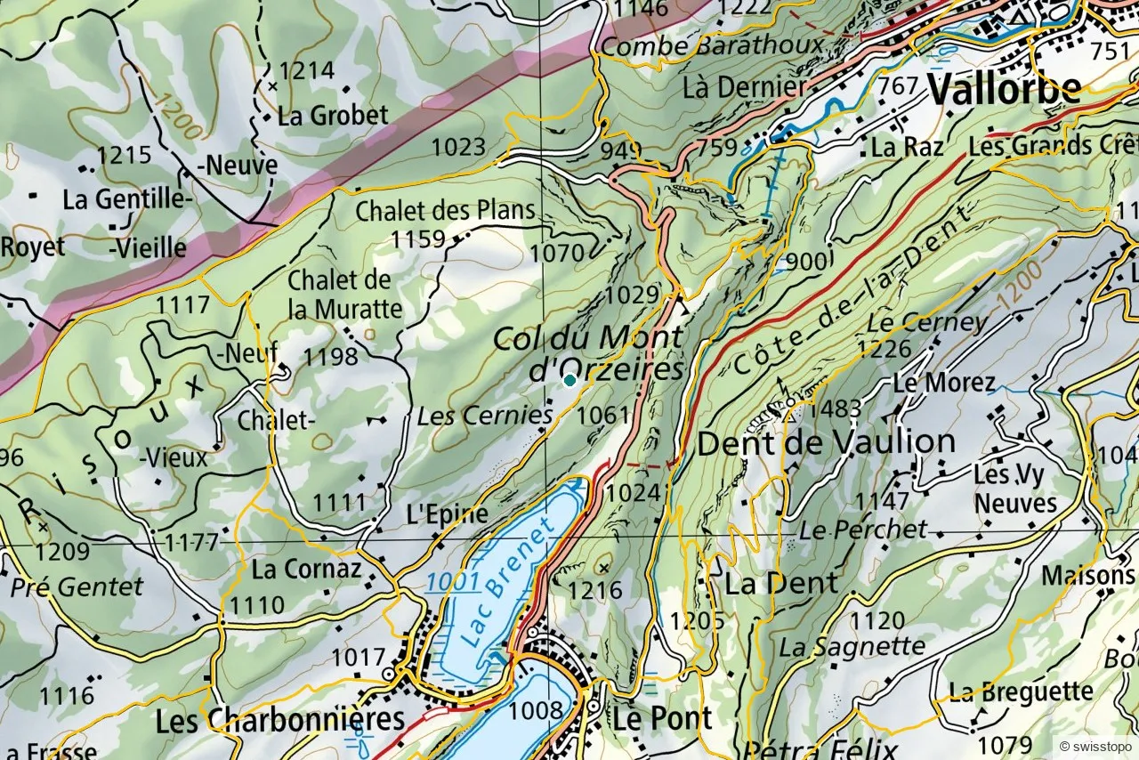 Official swisstopo map of the marked hiking trails around Dent de Vaulion
