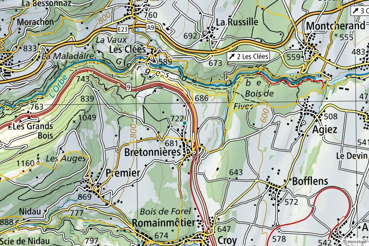 Official swisstopo map of the marked hiking trails around The Gorge of Orbe