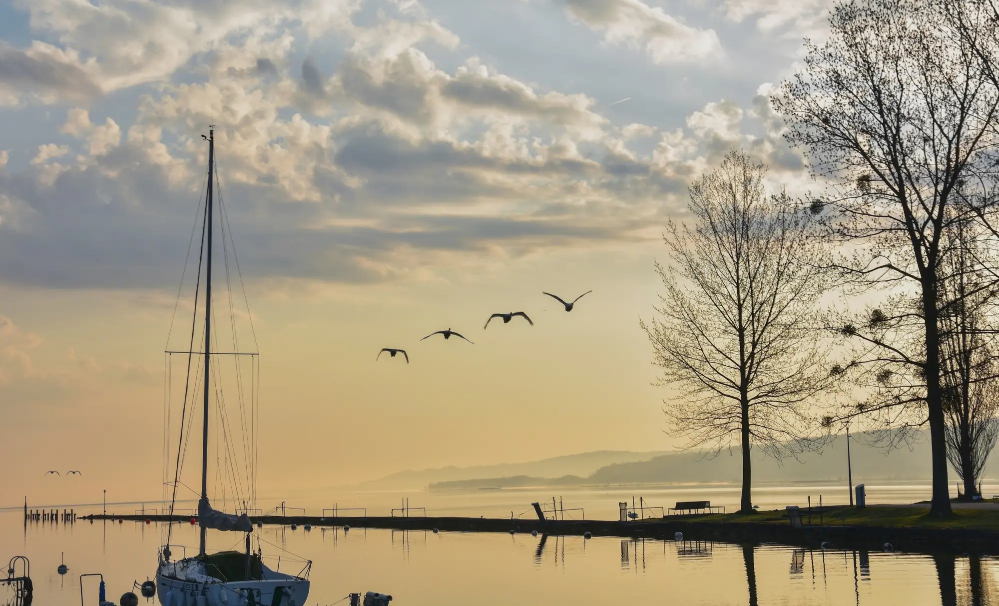 The lakeshore at sunrise, with the harbour and a moored sailboat