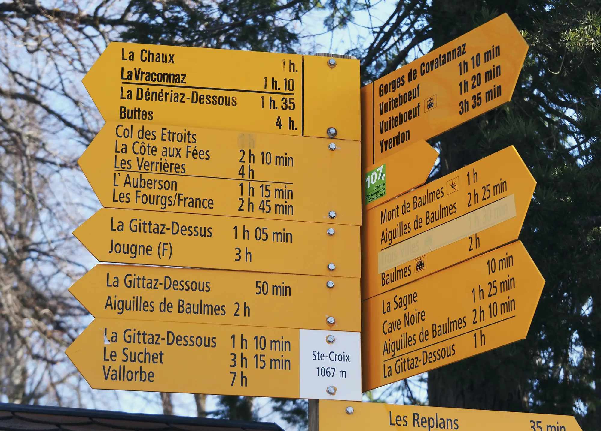 Hiking-trail signposts at Sainte-Croix (1067 m), a Jura walking hub