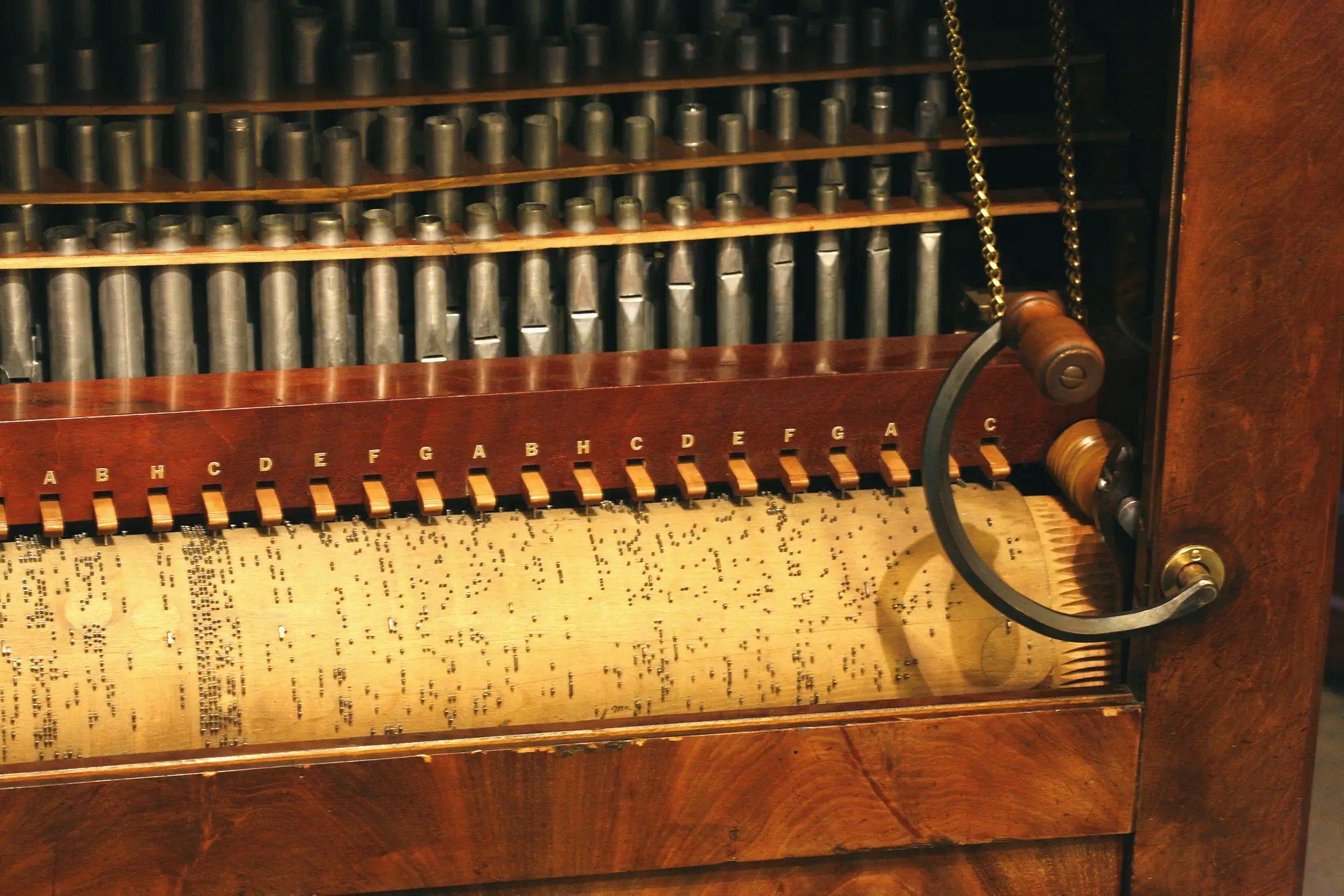 A street-organ mechanism at the CIMA museum, Sainte-Croix