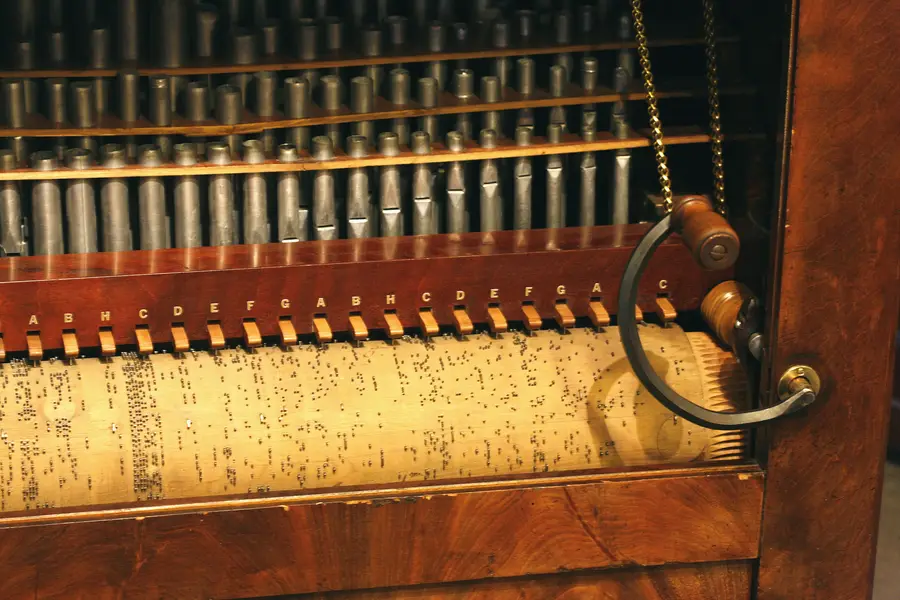 A street-organ mechanism at the CIMA museum, Sainte-Croix