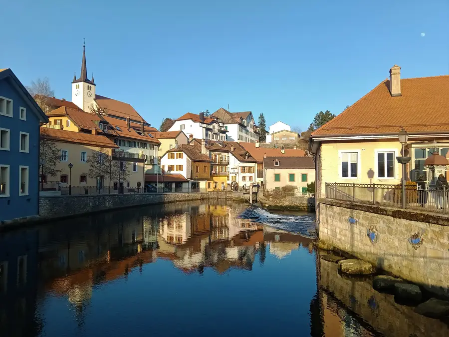The river Orbe running through the old town of Vallorbe