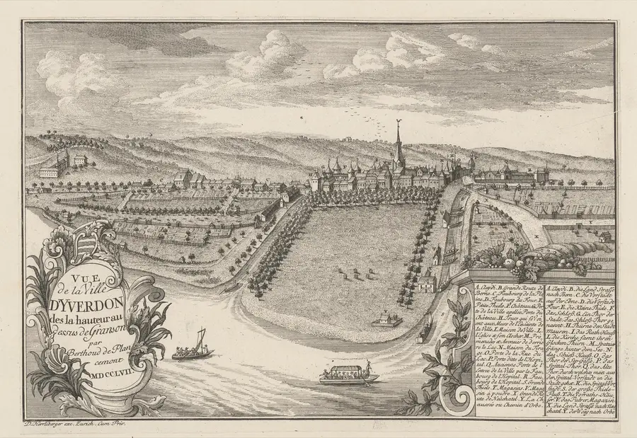 Yverdon seen from the heights above Grandson, a 1757 engraving