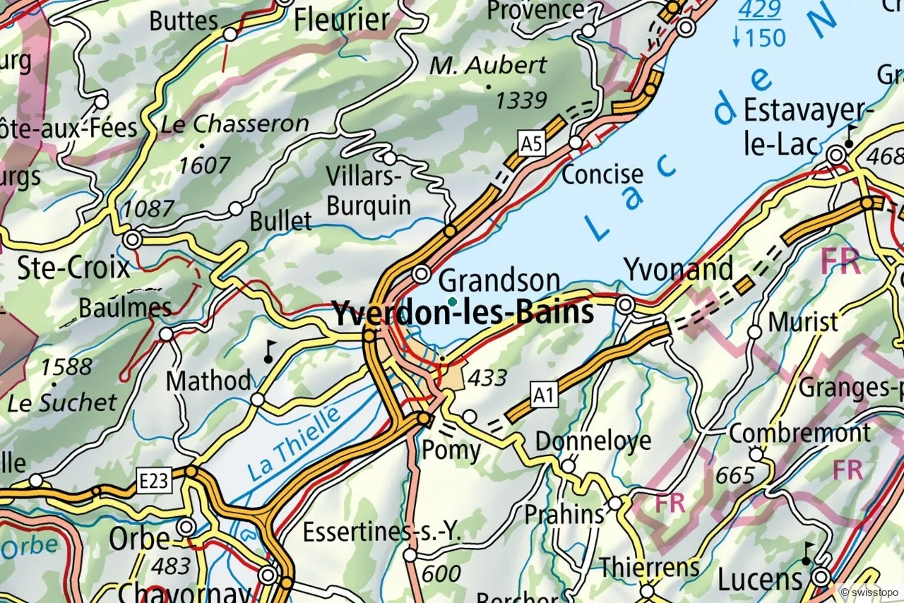 Map of Yverdon-les-Bains at the south tip of Lake Neuchâtel, with the Jura to the west